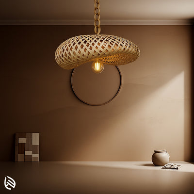 Flat dome-shaped spiral bamboo ceiling lamp with exposed bulb, ideal for contemporary and bohemian spaces