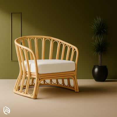 Sundae Seater rattan café chair with curved barrel back and white cushion in green room