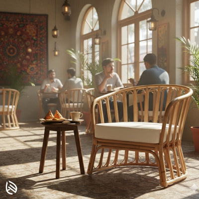 Rattan café chair in Indian café interior with arched windows