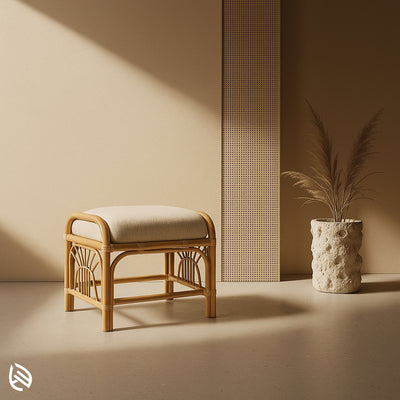 Padded natural rattan ottoman with sunburst cane design, perfect for lounge corners and dressing areas