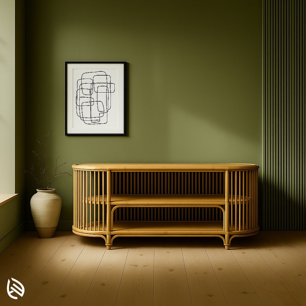 Oval-shaped rattan console table with vertical slat frame and open storage shelves, great as a TV or media unit