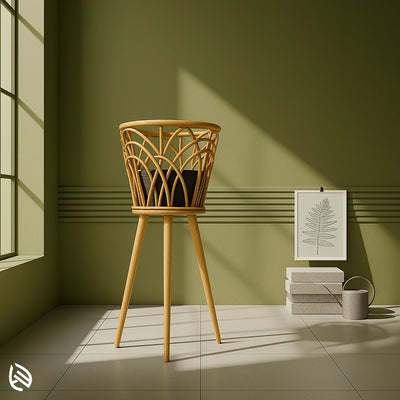 Tall tripod planter with artistic criss-cross rattan design, perfect for elevating potted plants in modern interiors