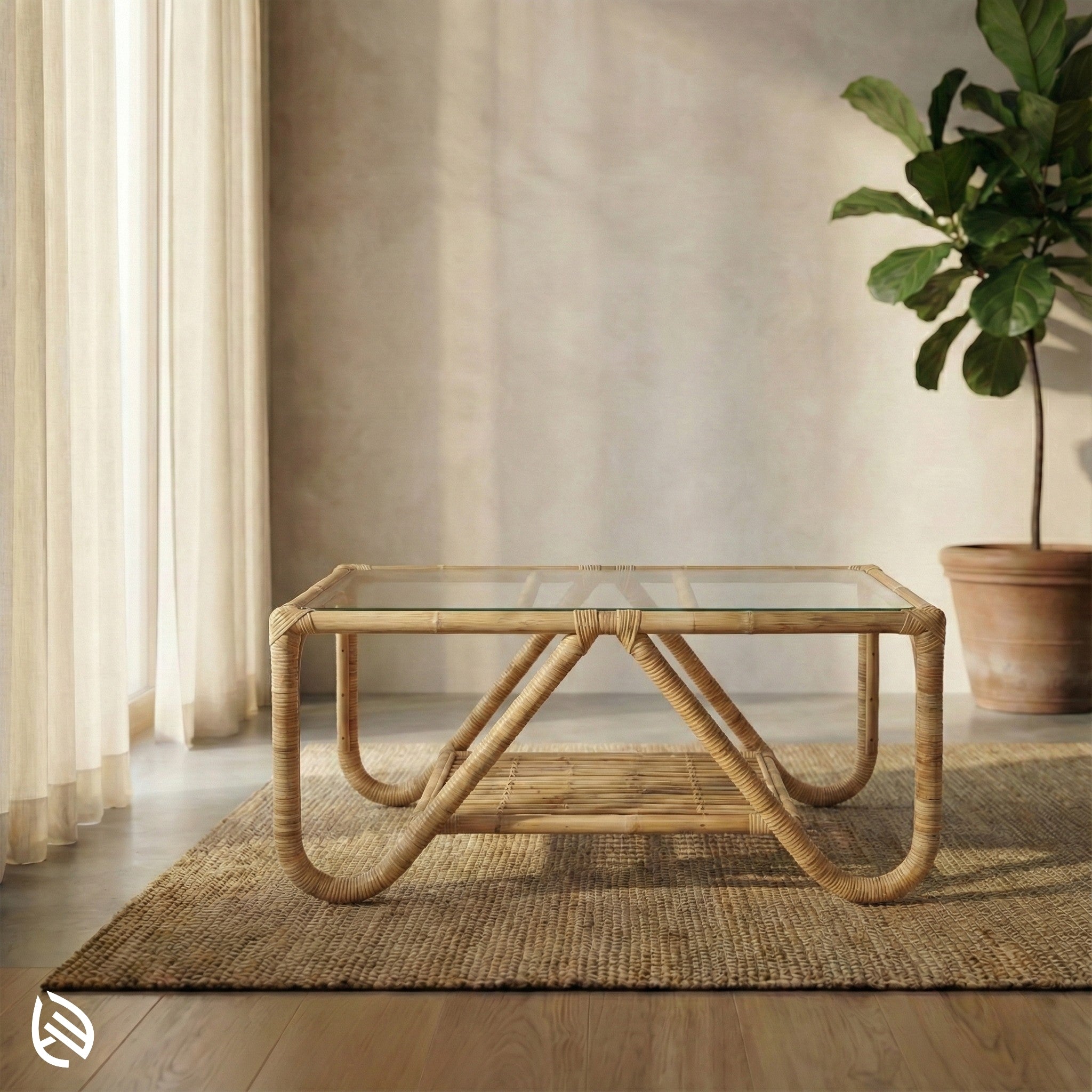 Rattan coffee table with glass top in a room with curtains and a plant