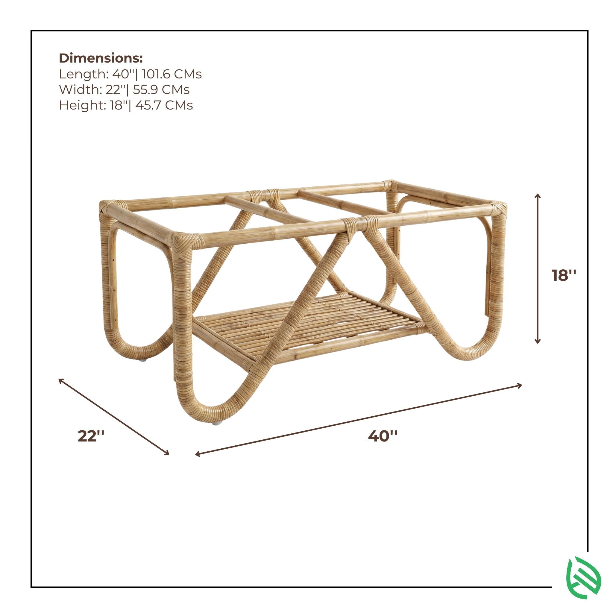 Wicker coffee table with dimensions labeled on a white background
