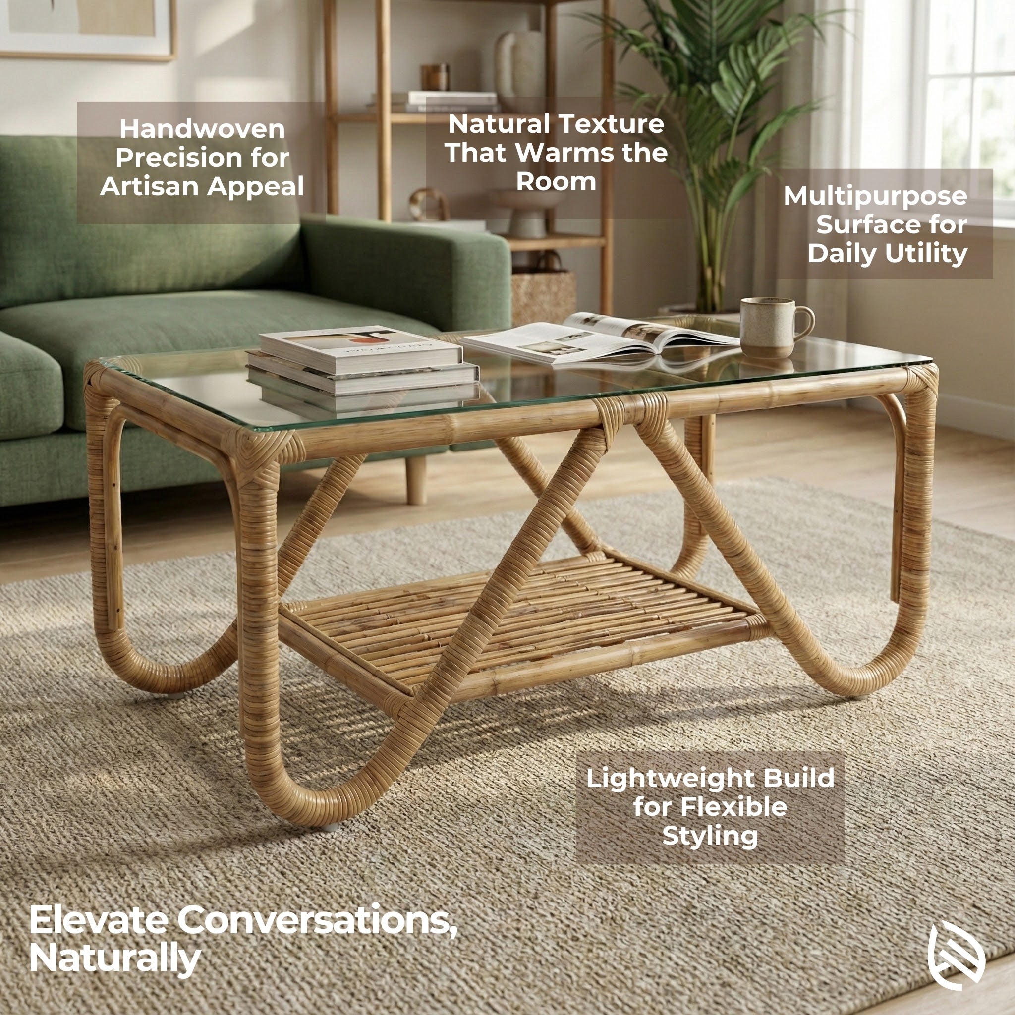 Rattan coffee table in a living room setting with text highlighting features.