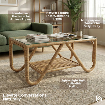Rattan coffee table in a living room setting with text highlighting features.