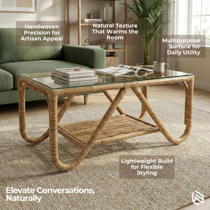 Rattan coffee table in a living room setting with text highlighting features.