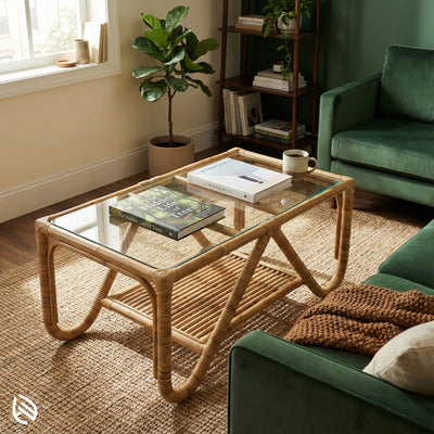 Living room with a glass coffee table, books, and a cup, surrounded by green furniture and plants.