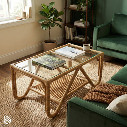 Living room with a glass coffee table, books, and a cup, surrounded by green furniture and plants.