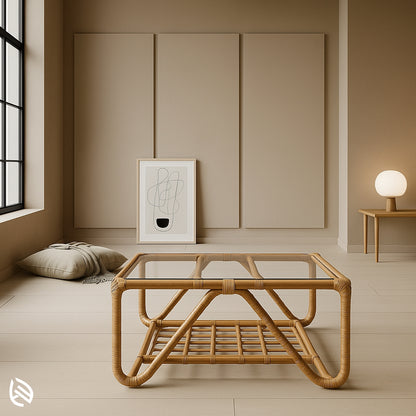 Rectangular natural rattan center table with clear glass top and cane shelf, best for contemporary tropical living rooms