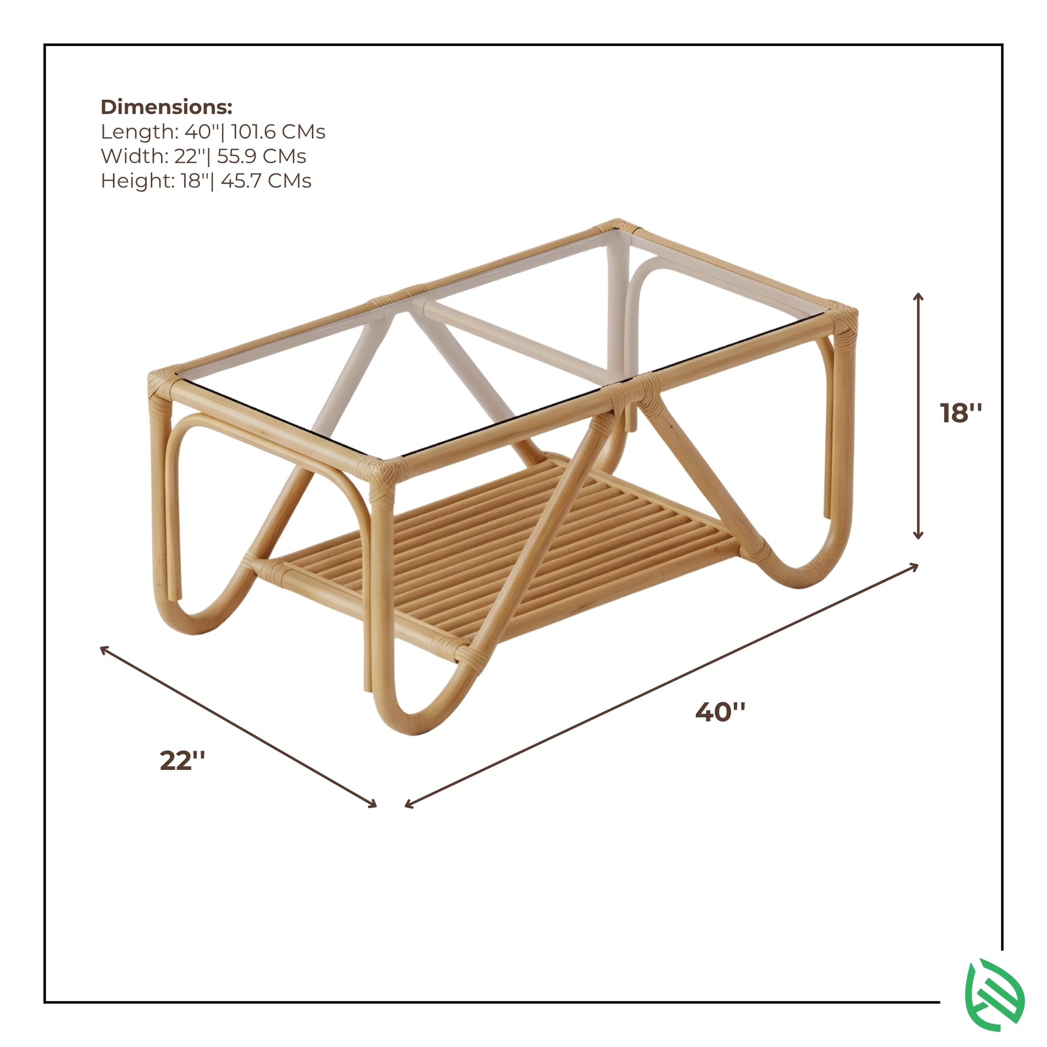 Tropical Living Center Table dimensions: 40 in L × 22 in W × 18 in H; natural rattan frame, glass top, slatted shelf - EarthNWe.