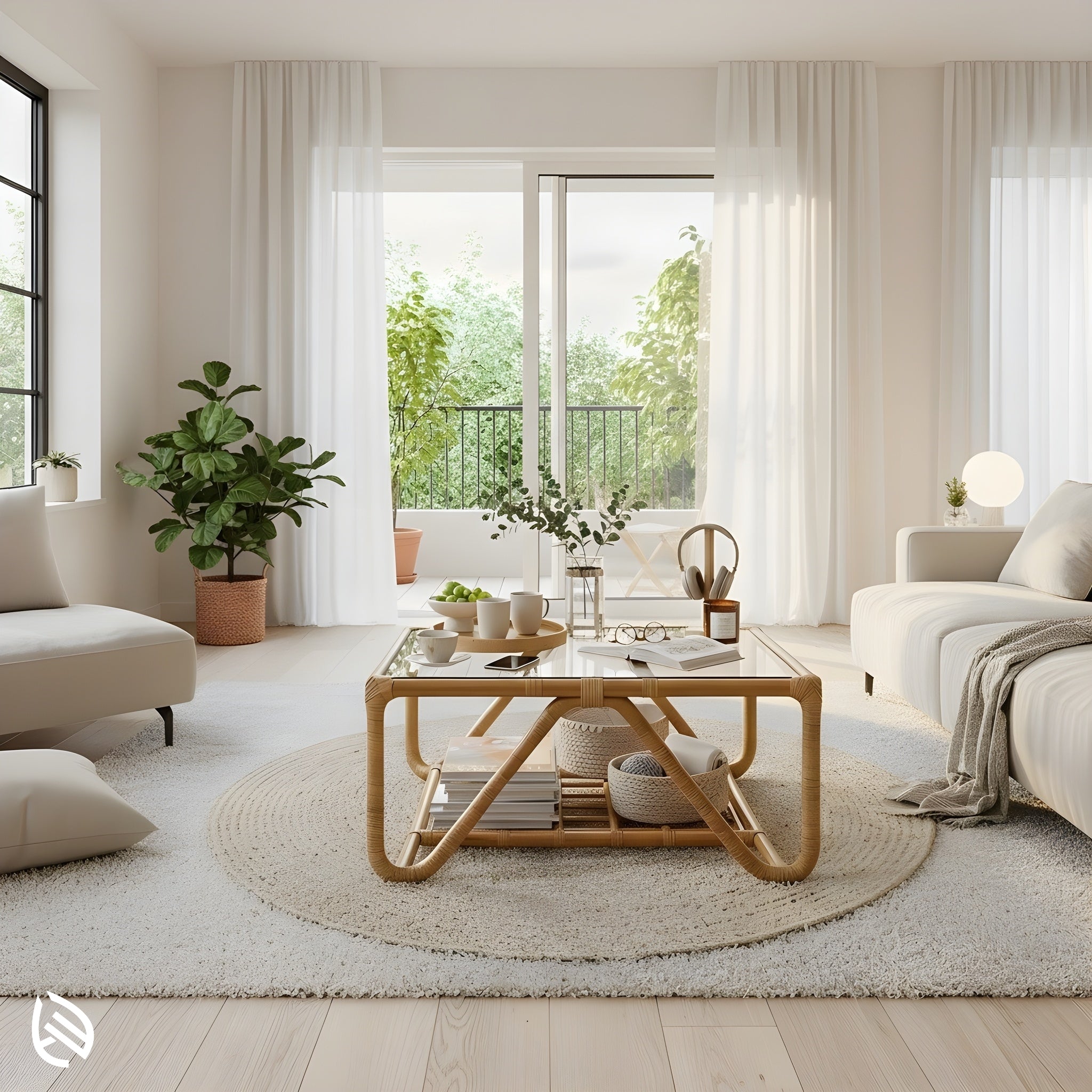 Rattan Tropical Living Center Table with glass top styled in a cozy living room; books and baskets on slatted shelf - modern neutral décor.