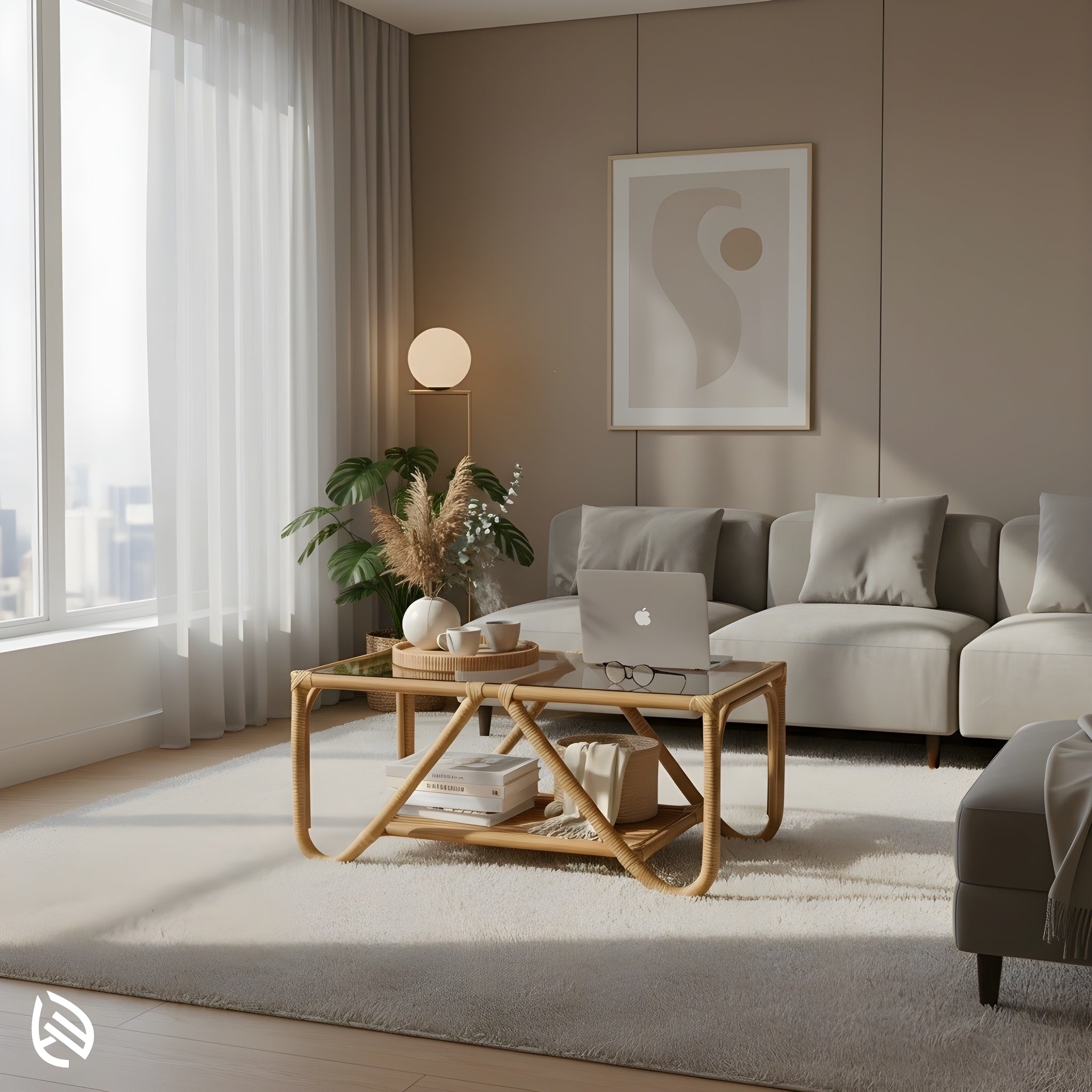 Natural rattan center table with glass top in a sunlit living room; laptop and tray on surface, storage on lower shelf - EarthNWe.