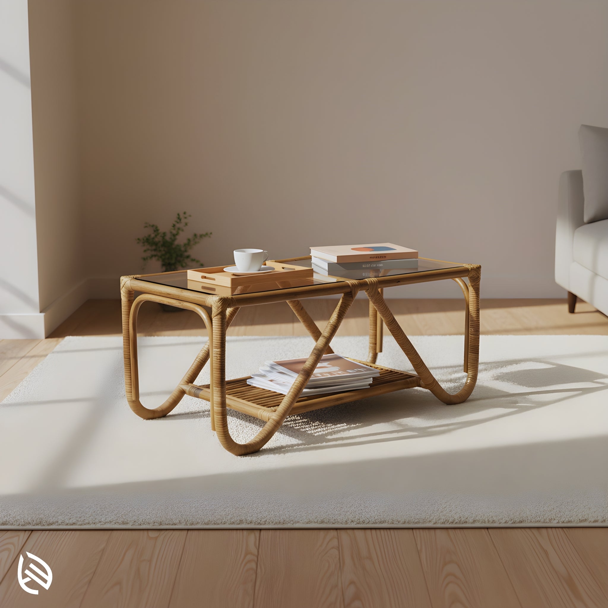 Tropical Living Center Table in bright minimal setup; glass-top rattan table with open triangular base and slatted shelf - modern décor.