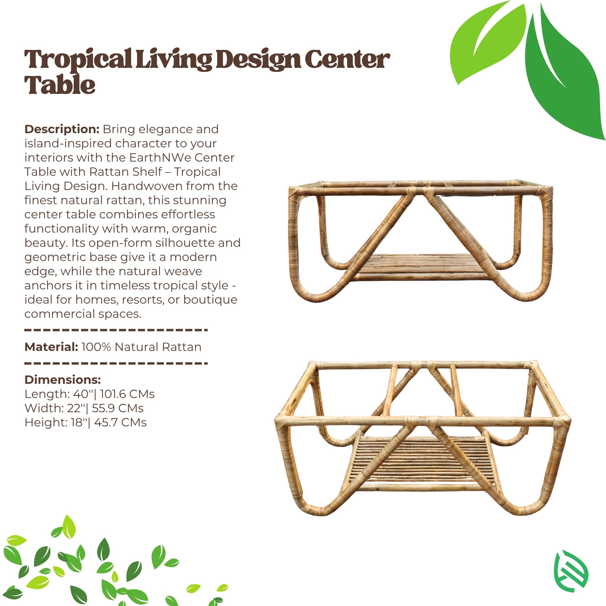 Product spec sheet: Tropical Living Center Table - 100% natural rattan, glass top, slatted shelf; size 40×22×18 inches - EarthNWe.