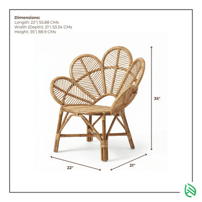 Wicker chair with dimensions labeled on a white background