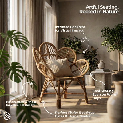 Wicker chair with decorative elements in a cozy indoor setting with plants.