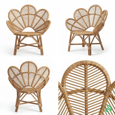 Wicker chair with floral back design on a white background