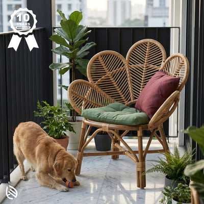 Rattan chair with leaf-patterned backrest on a balcony with a dog and plants.
