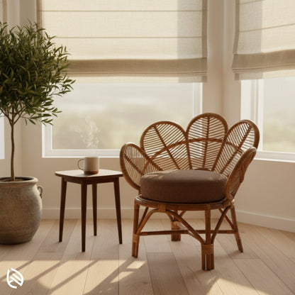 Flower-back cane chair styled in sunny reading nook