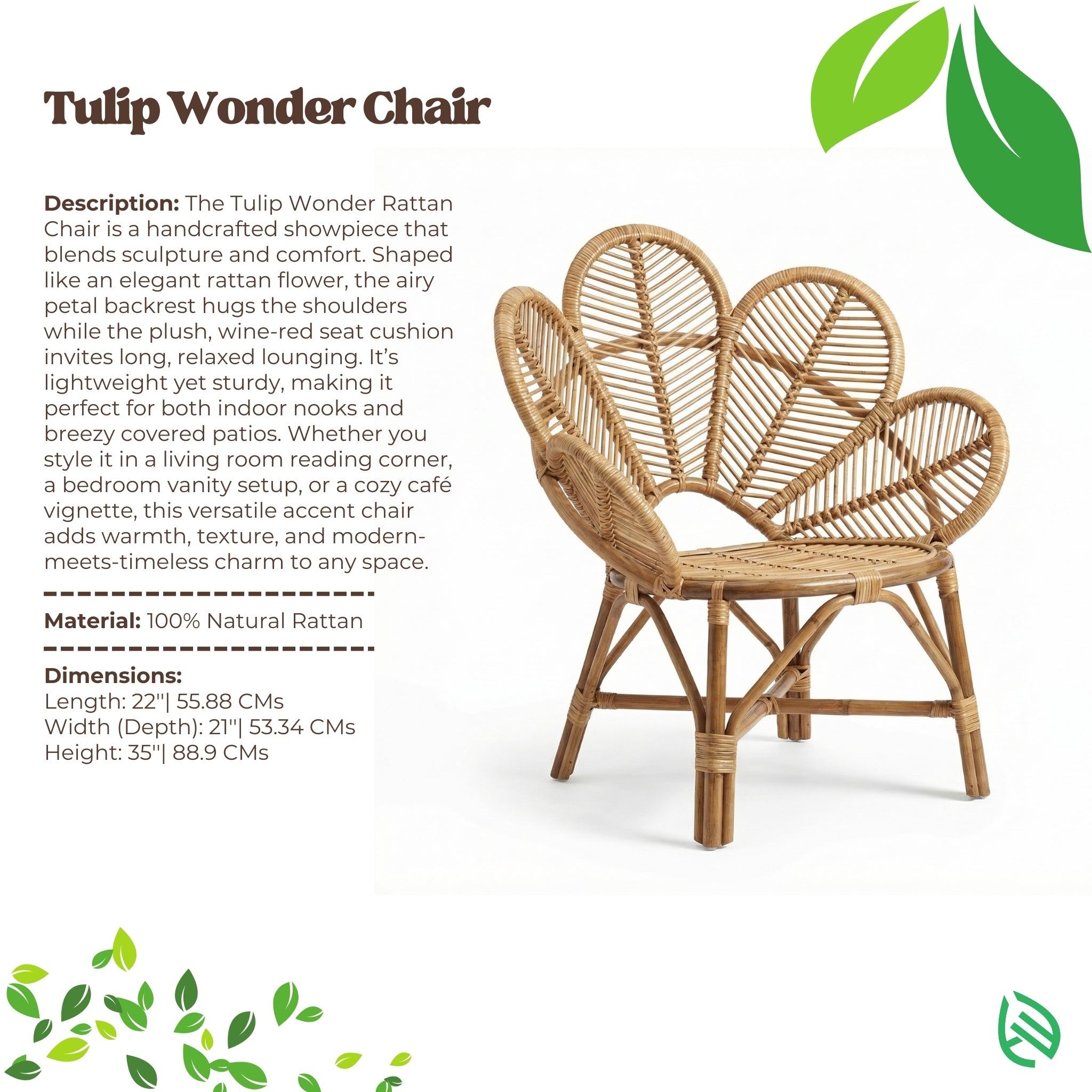 Tulip Wonder Rattan chair with product description and specifications on a white background