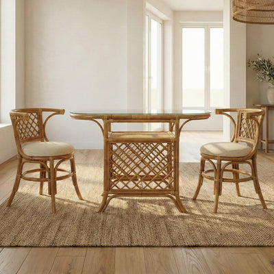 Rattan dining table with chairs in a bright room with large windows.