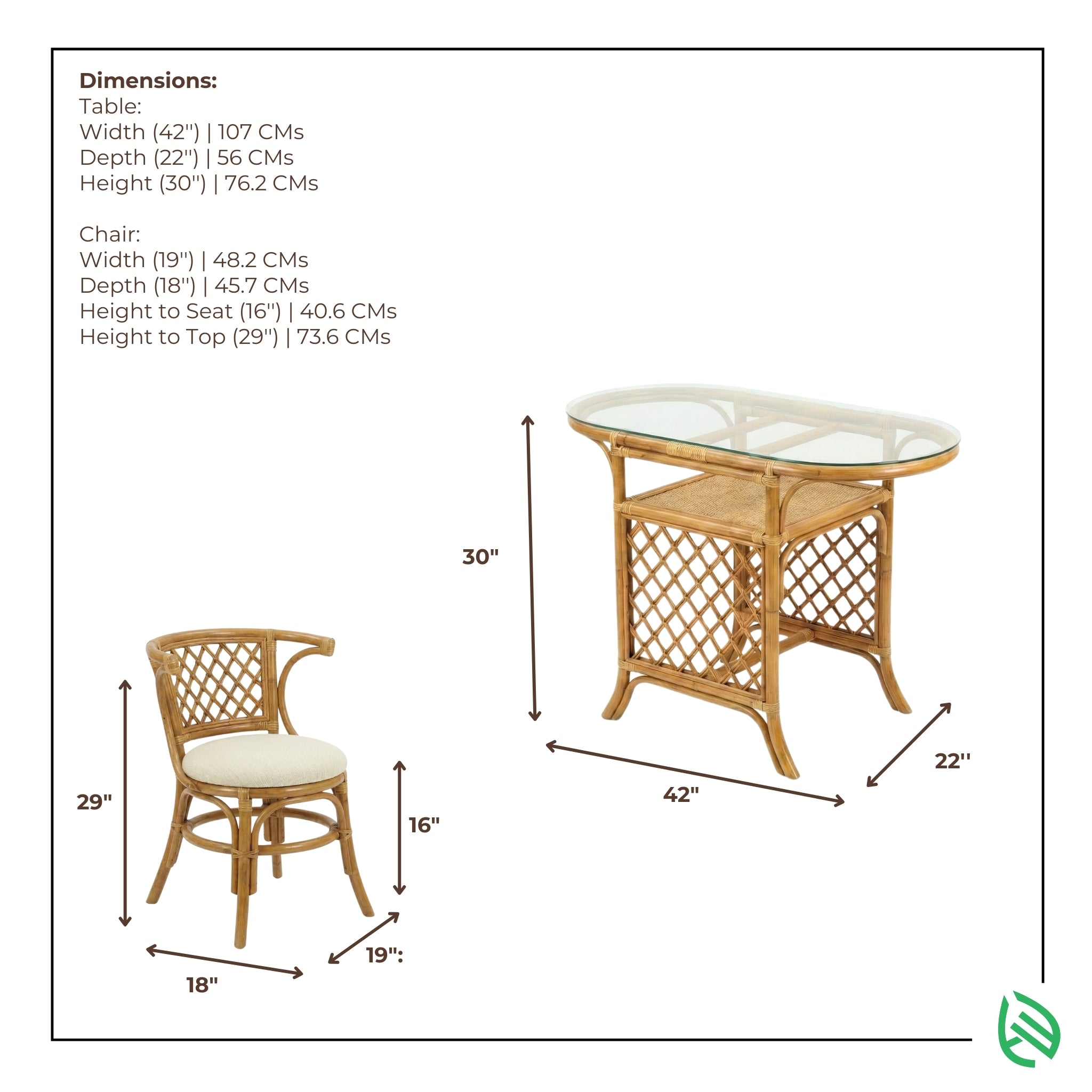 Dimensions of a table and chair set with measurements on a white background