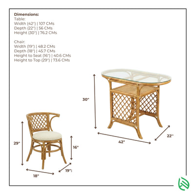 Dimensions of a table and chair set with measurements on a white background