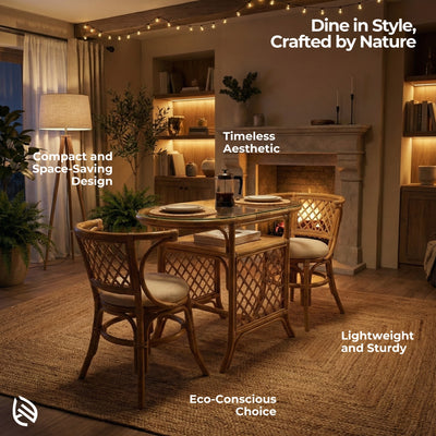 Dining area with rattan table and chairs, warm lighting, and decorative elements.