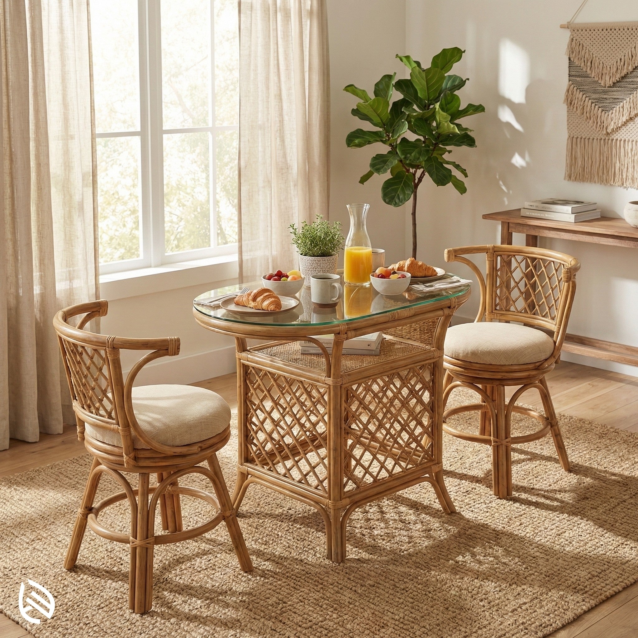 Rattan dining set with a glass-top table in a bright room with large windows.