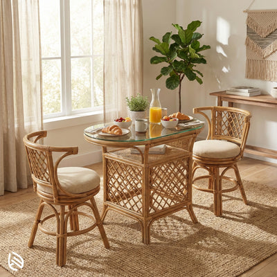 Rattan dining set with a glass-top table in a bright room with large windows.