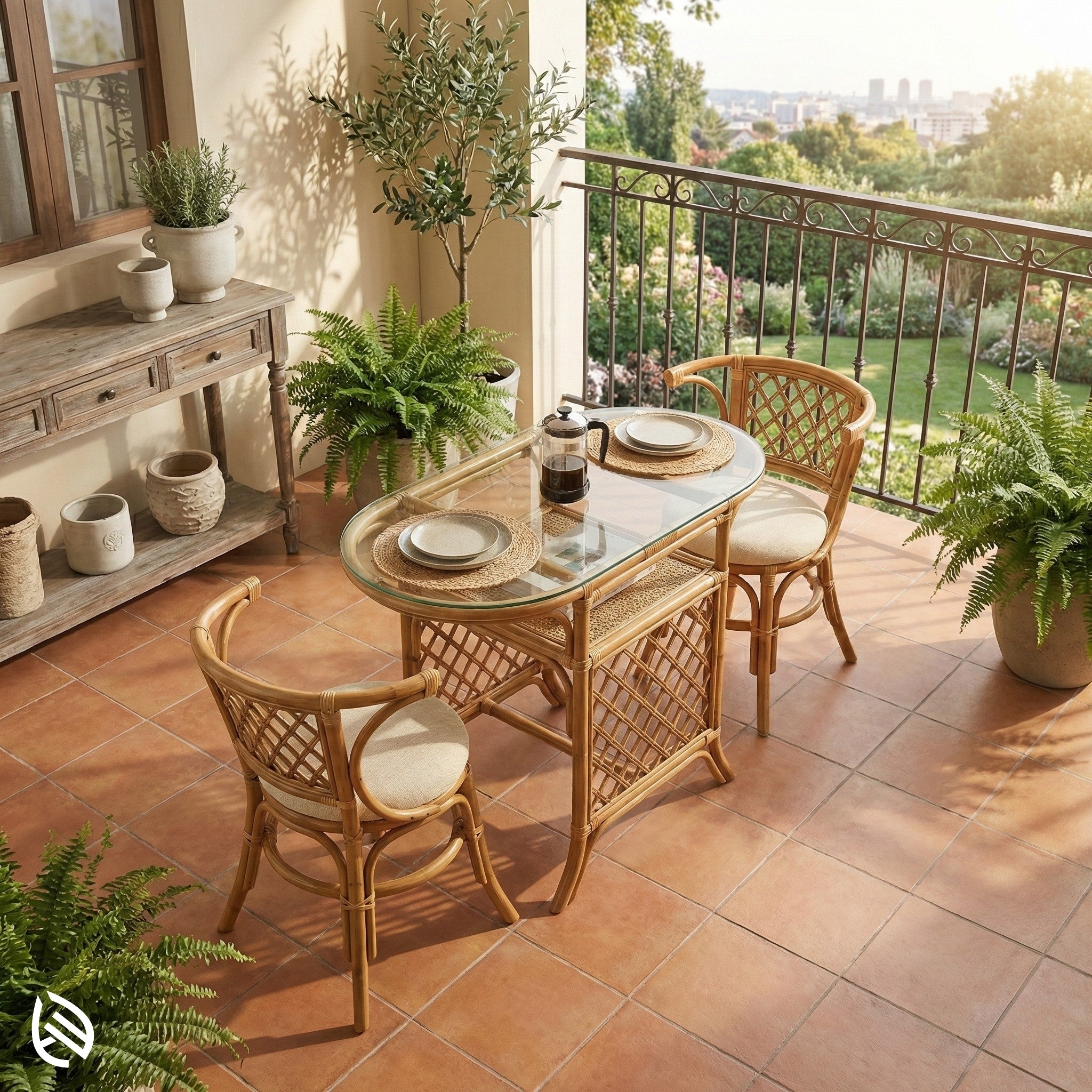 Rattan dining set on a balcony with potted plants and a view of trees and buildings.