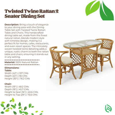 Dining table set with chairs on a white background, featuring text about the Twisted Twine Rattan 2 Seater Dining Set.