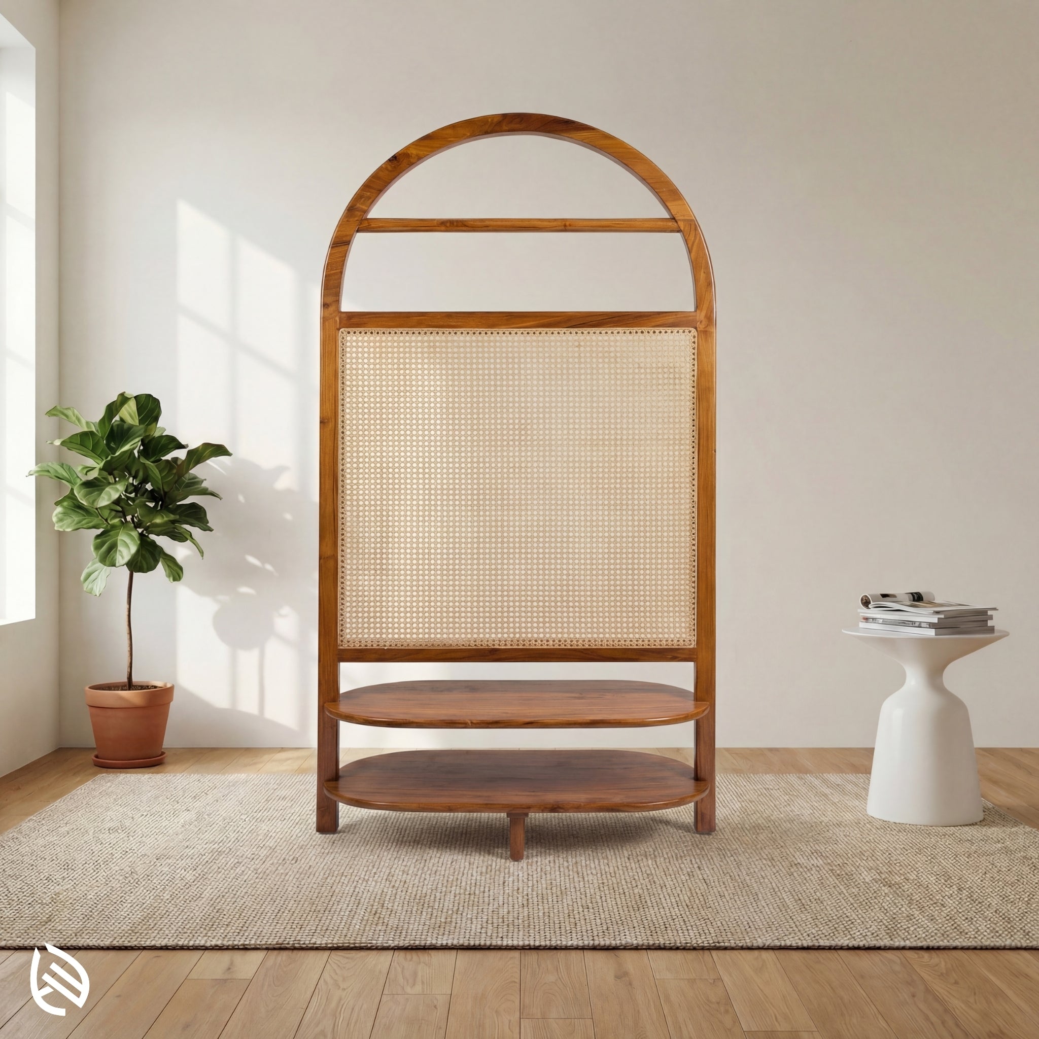 Wooden shelf with woven top in a room with a plant and small table.