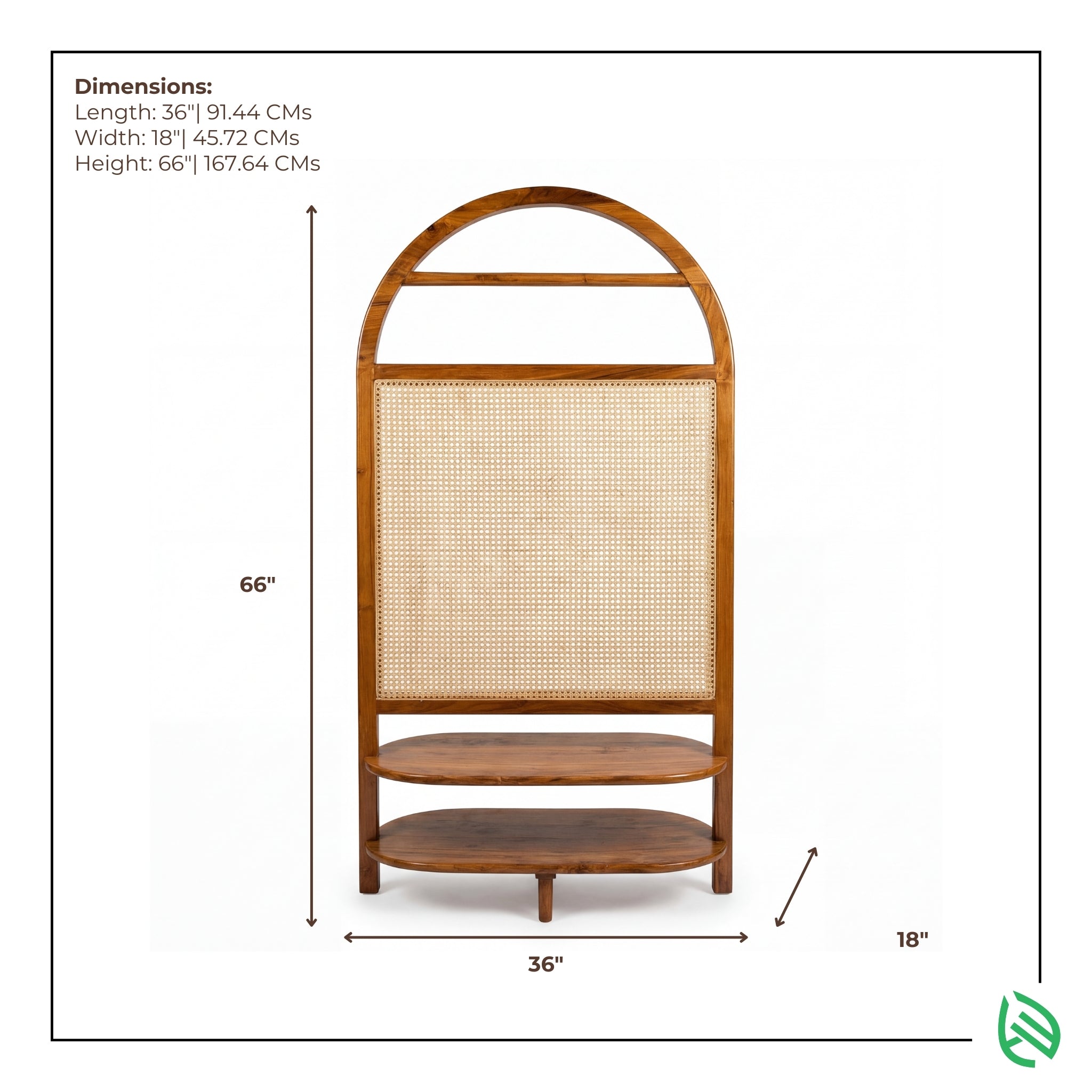 Wooden shelf with wicker backrest and dimensions displayed