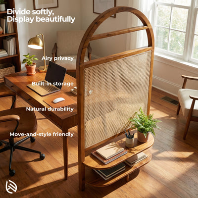 Wooden room divider in a home office setting with text highlighting features.