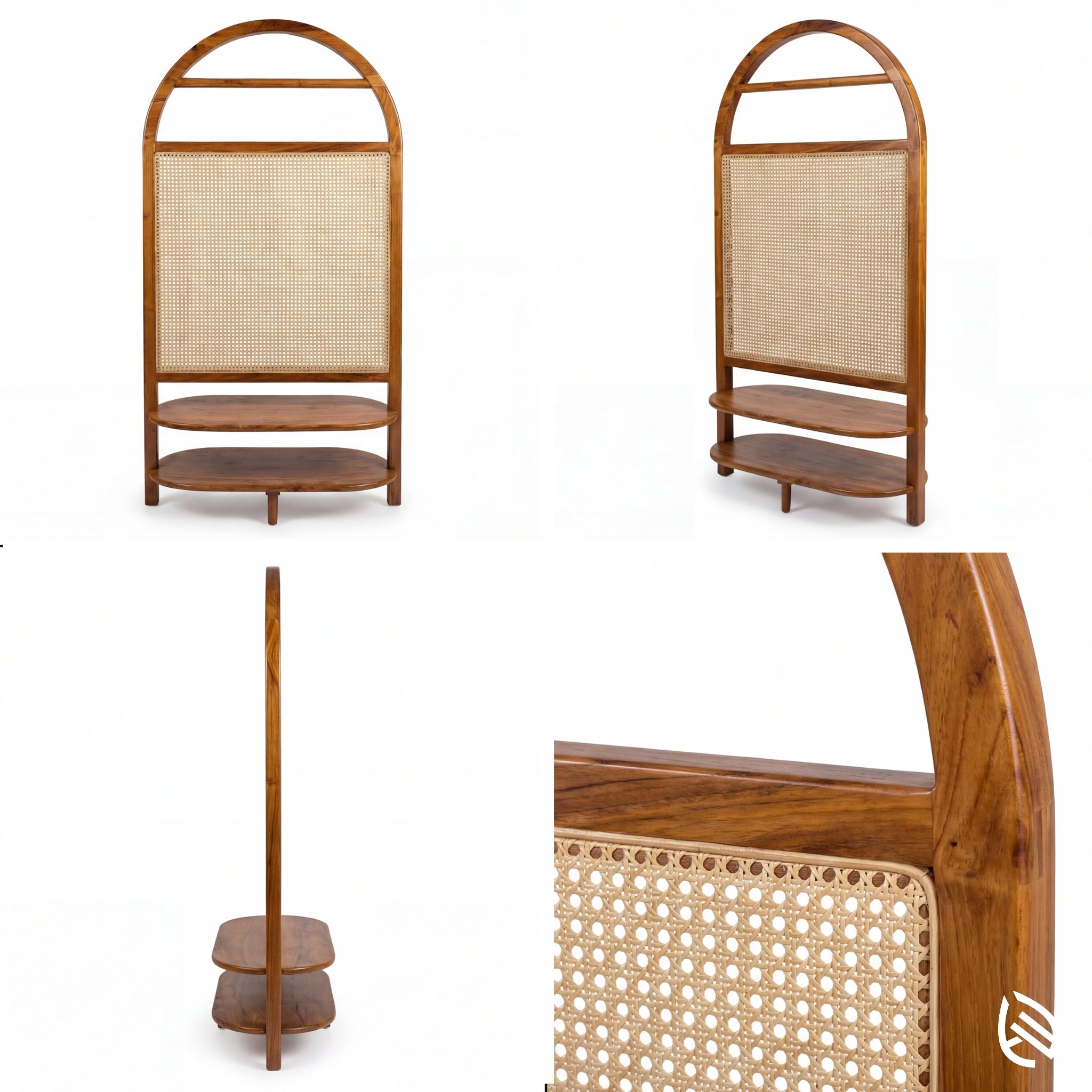 Wooden shelf with wicker backrest and seat on a white background