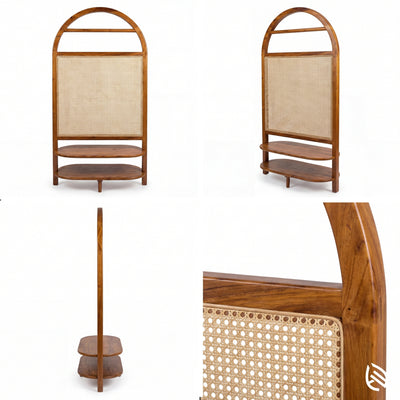 Wooden shelf with wicker backrest and seat on a white background