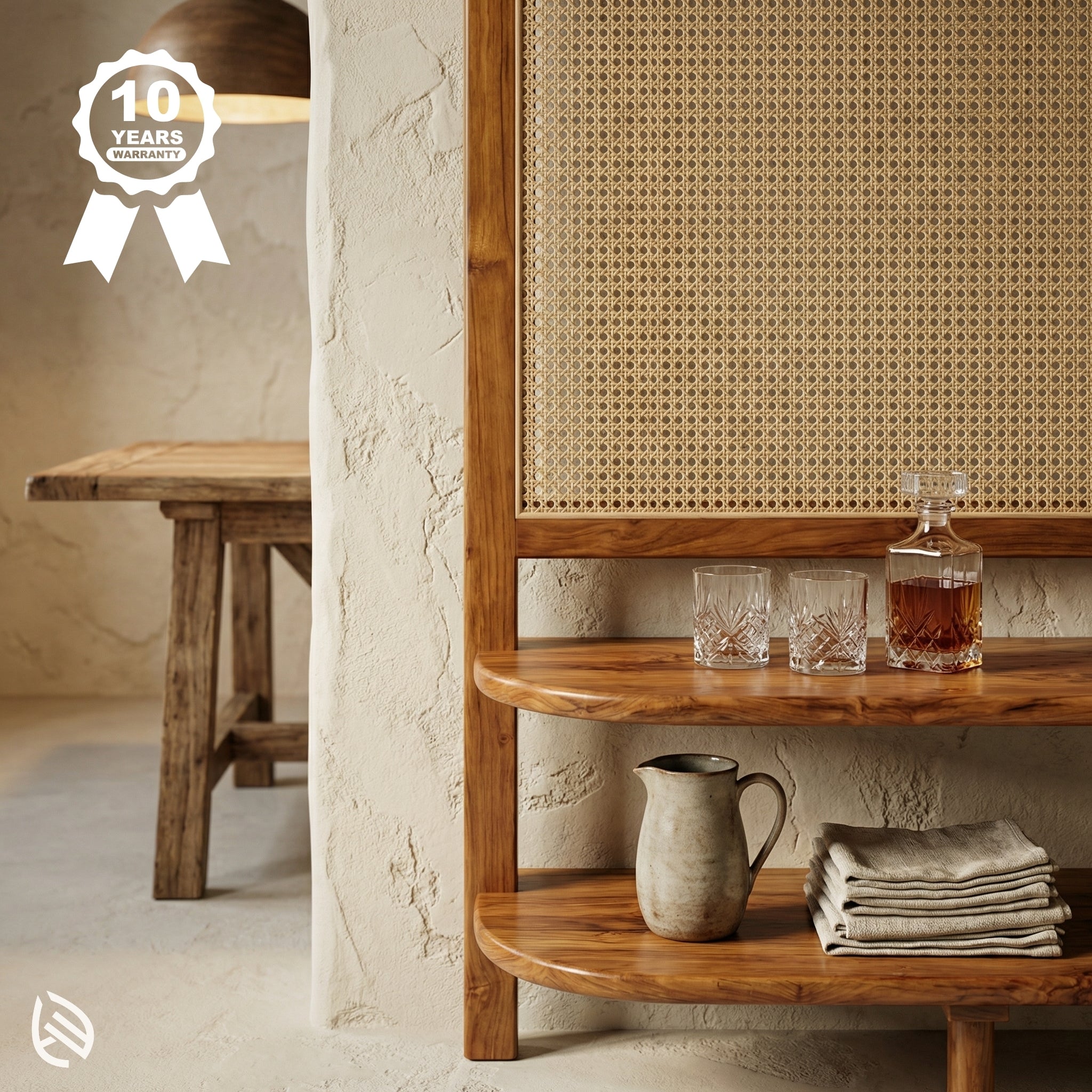 Wooden shelf with decorative items against a textured wall, featuring a 10-year warranty badge.