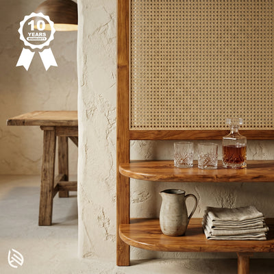 Wooden shelf with decorative items against a textured wall, featuring a 10-year warranty badge.