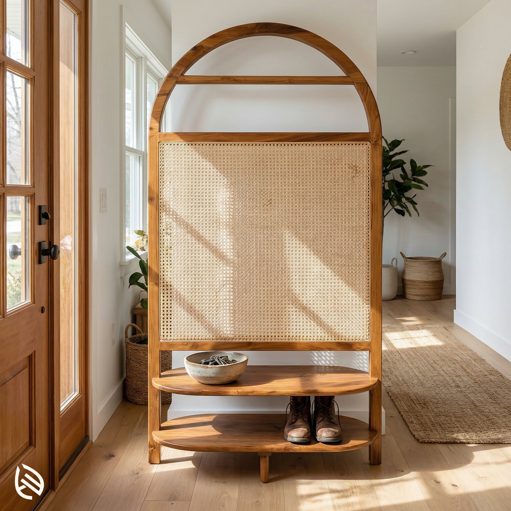 Wooden room divider with wicker panel in a bright room with plants and a rug.