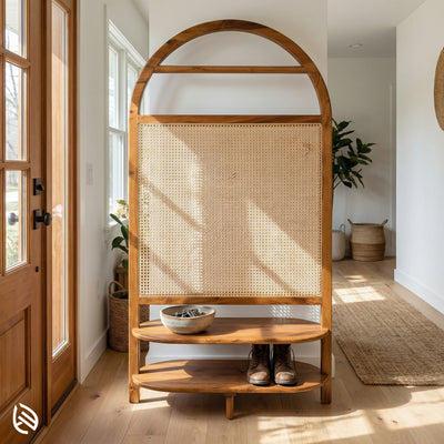 Wooden room divider with wicker panel in a bright room with plants and a rug.