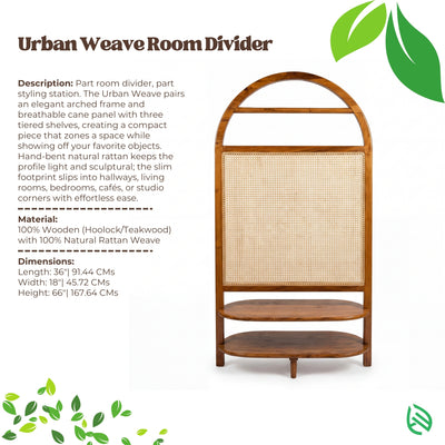 Wooden room divider with wicker panel on a white background