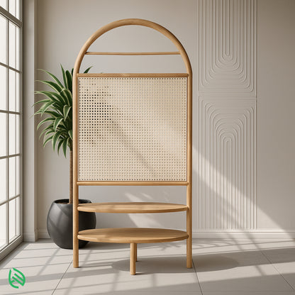 Urban Weave rattan partition with arched frame and cane panel, shelves