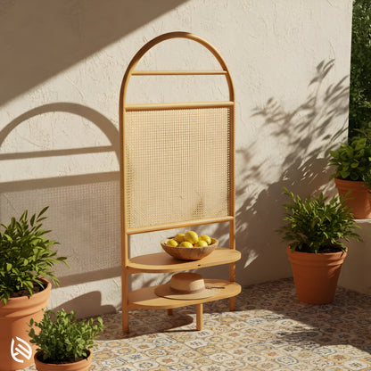 Cane room divider with shelves on sunlit patio, compact storage divider