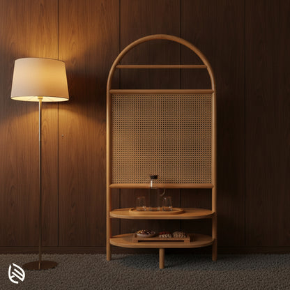 Rattan partition used as minibar/display against wood wall, warm lighting