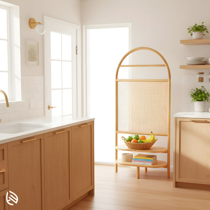 Kitchen corner with Urban Weave cane partition and two shelves, India