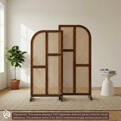 Woven room divider in a minimalistic room with a plant and small table.