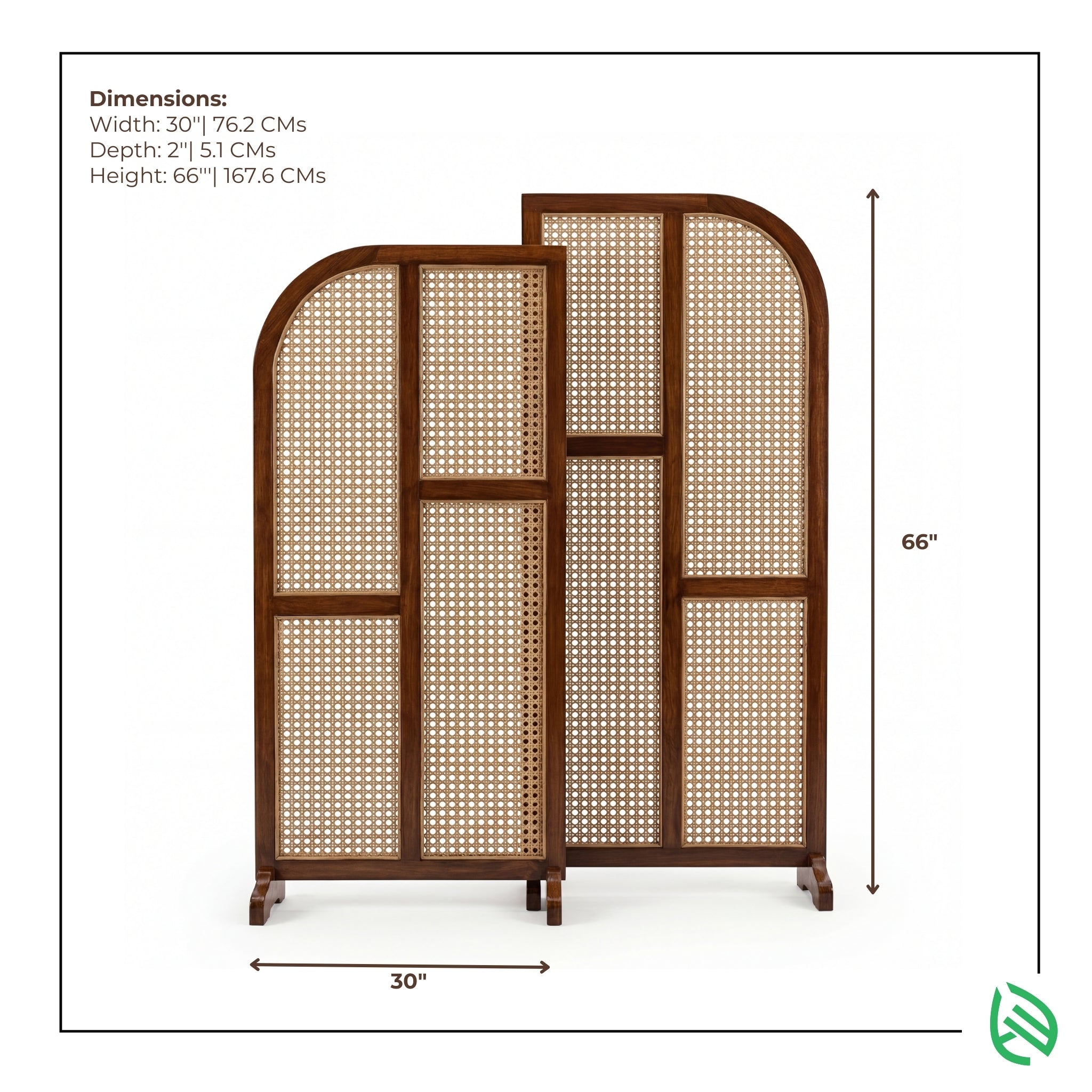 Woven wooden screen with dimensions on a white background