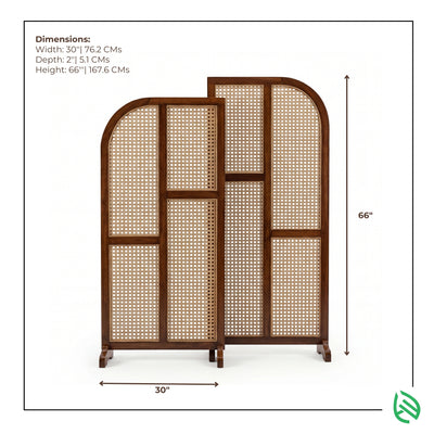 Woven wooden screen with dimensions on a white background